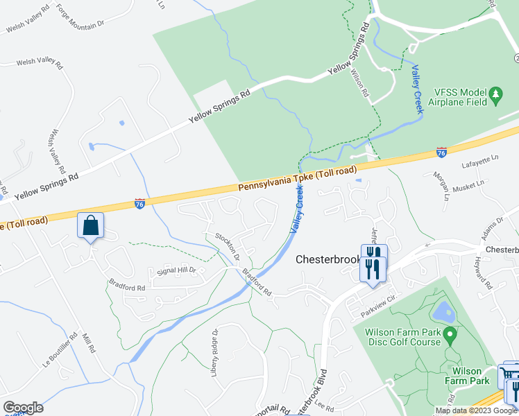 map of restaurants, bars, coffee shops, grocery stores, and more near 204 Valley Stream Lane in Chesterbrook