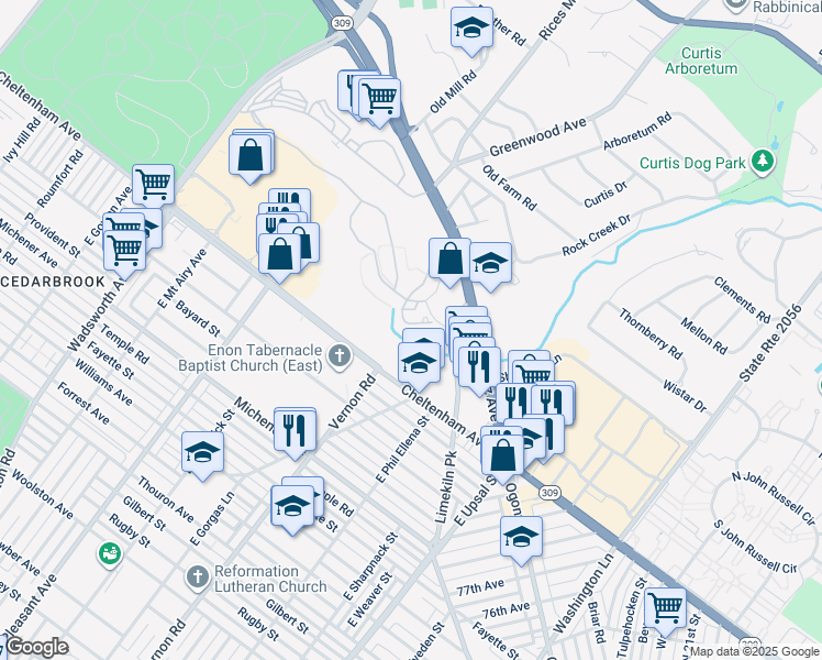 map of restaurants, bars, coffee shops, grocery stores, and more near 21 Twomey Court in Wyncote