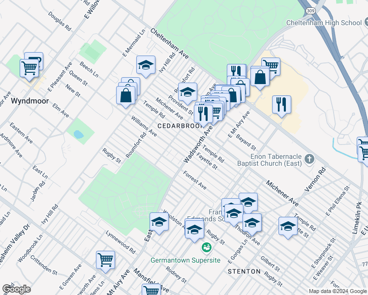 map of restaurants, bars, coffee shops, grocery stores, and more near 8420 Fayette Street in Philadelphia