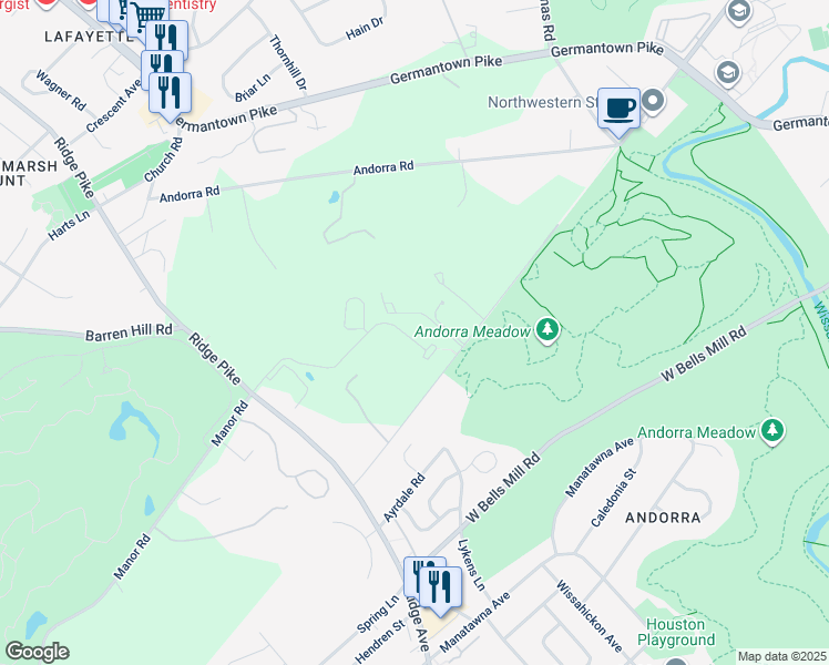 map of restaurants, bars, coffee shops, grocery stores, and more near 205 Manor Road in Montgomery County