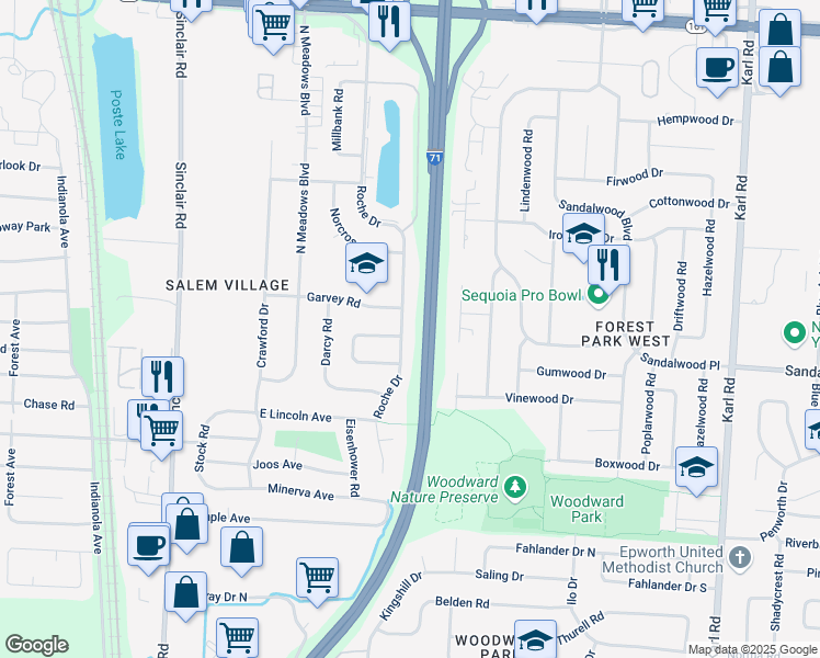map of restaurants, bars, coffee shops, grocery stores, and more near 5475 Roche Drive in Columbus