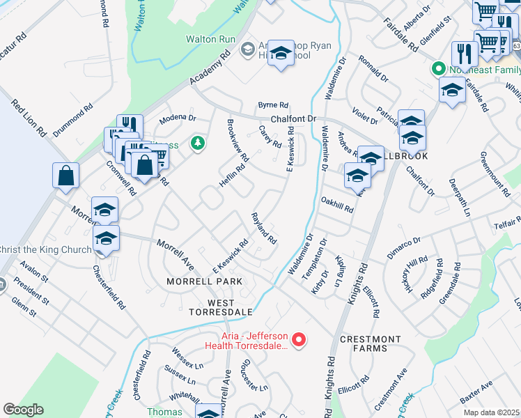 map of restaurants, bars, coffee shops, grocery stores, and more near 10819 Rayland Road in Philadelphia