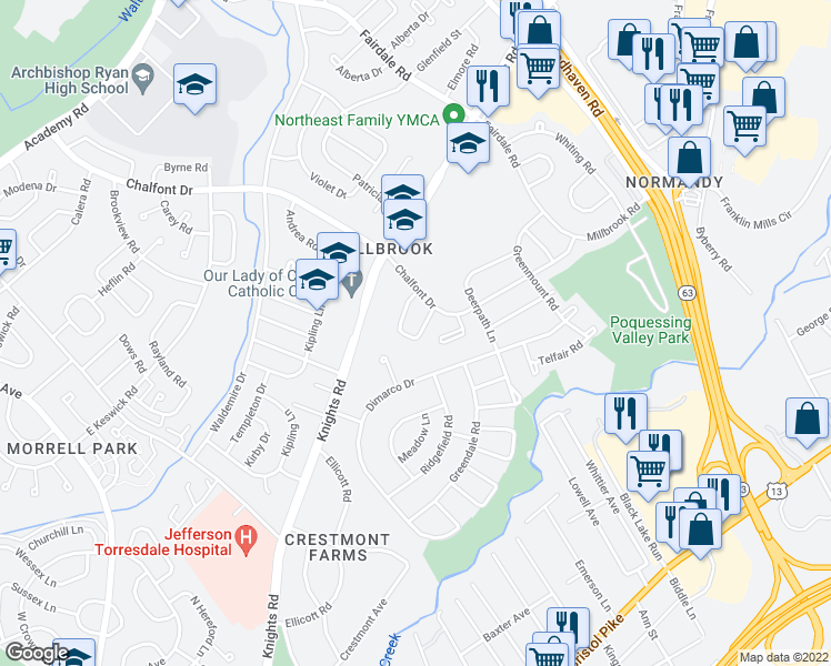 map of restaurants, bars, coffee shops, grocery stores, and more near 11112 Drake Drive in Philadelphia