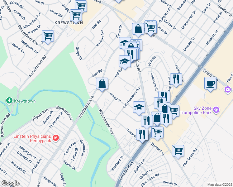 map of restaurants, bars, coffee shops, grocery stores, and more near 1811 Gregg Street in Philadelphia