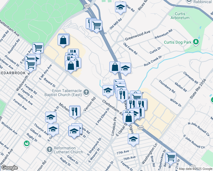 map of restaurants, bars, coffee shops, grocery stores, and more near 29 Twomey Court in Wyncote