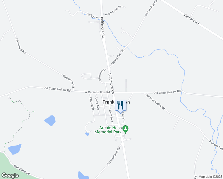 map of restaurants, bars, coffee shops, grocery stores, and more near 103 South Baltimore Street in Franklintown