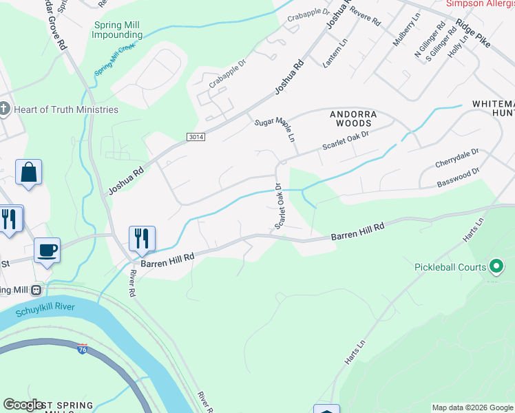 map of restaurants, bars, coffee shops, grocery stores, and more near 505 Dogwood Lane in Conshohocken