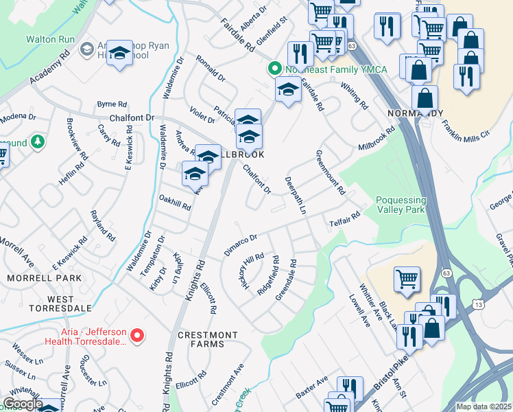 map of restaurants, bars, coffee shops, grocery stores, and more near 11112 Drake Drive in Philadelphia