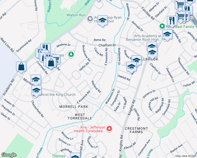 map of restaurants, bars, coffee shops, grocery stores, and more near 10824 East Keswick Road in Philadelphia