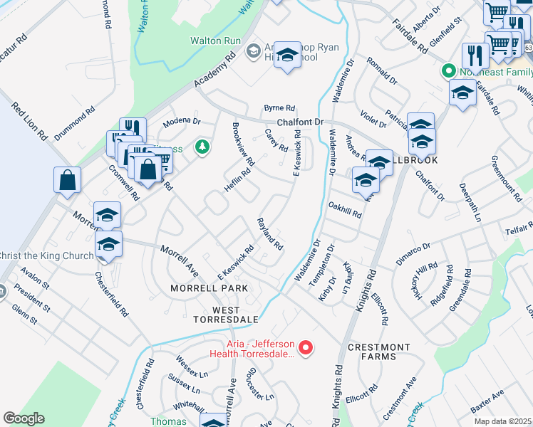 map of restaurants, bars, coffee shops, grocery stores, and more near 10819 Rayland Road in Philadelphia