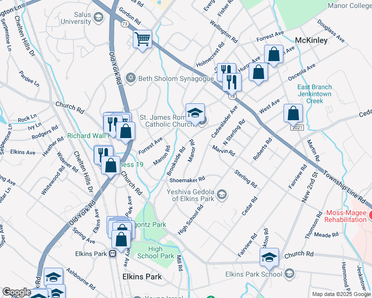 map of restaurants, bars, coffee shops, grocery stores, and more near 8237 Brookside Road in Elkins Park