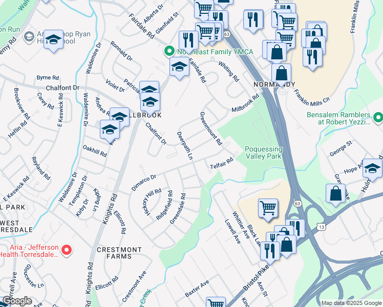 map of restaurants, bars, coffee shops, grocery stores, and more near 11701 Denman Road in Philadelphia