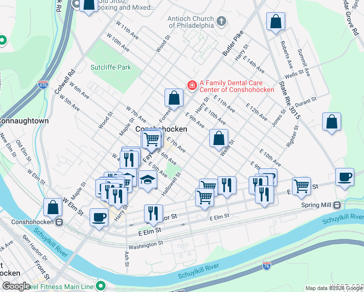 map of restaurants, bars, coffee shops, grocery stores, and more near 116 East 7th Avenue in Conshohocken