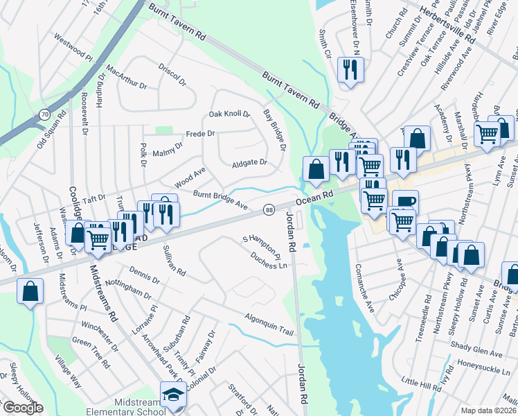 map of restaurants, bars, coffee shops, grocery stores, and more near 2200 New Jersey 88 in Brick Township