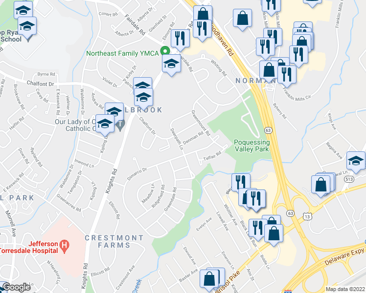 map of restaurants, bars, coffee shops, grocery stores, and more near 11701 Denman Road in Philadelphia