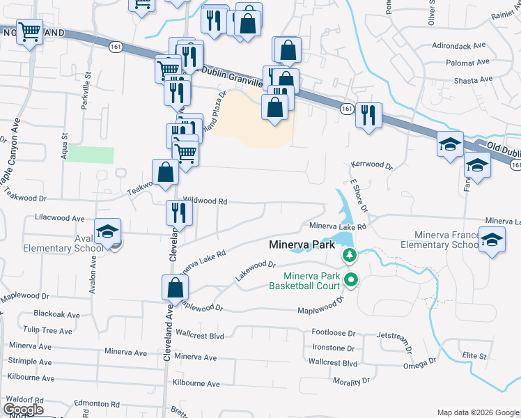 map of restaurants, bars, coffee shops, grocery stores, and more near 2662 Wildwood Road in Columbus