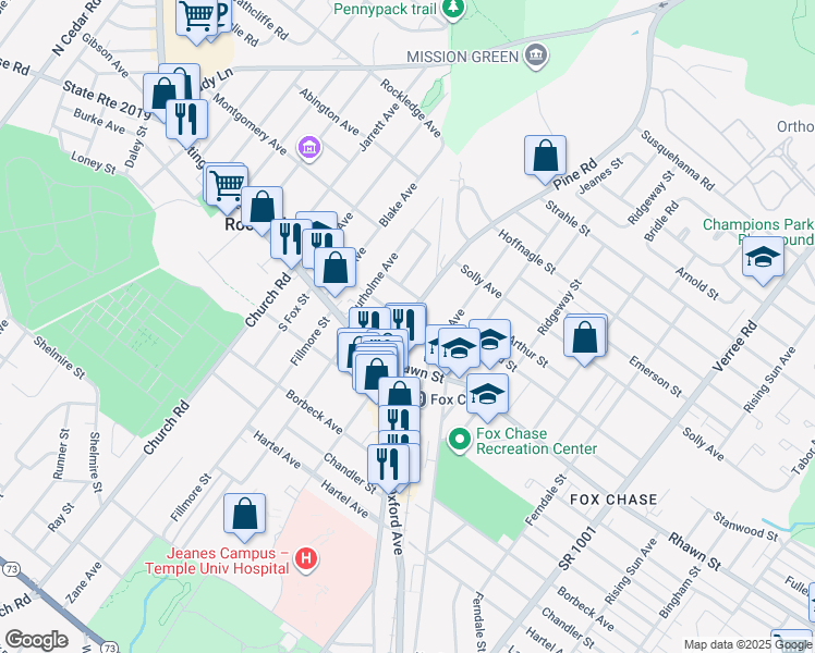 map of restaurants, bars, coffee shops, grocery stores, and more near 8040 Pine Road in Philadelphia