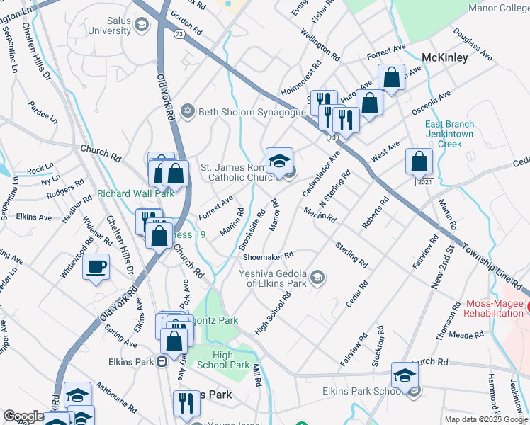 map of restaurants, bars, coffee shops, grocery stores, and more near 8237 Brookside Road in Elkins Park
