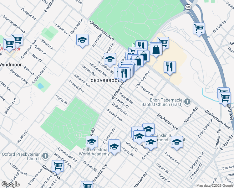 map of restaurants, bars, coffee shops, grocery stores, and more near 1524R Wadsworth Avenue in Philadelphia
