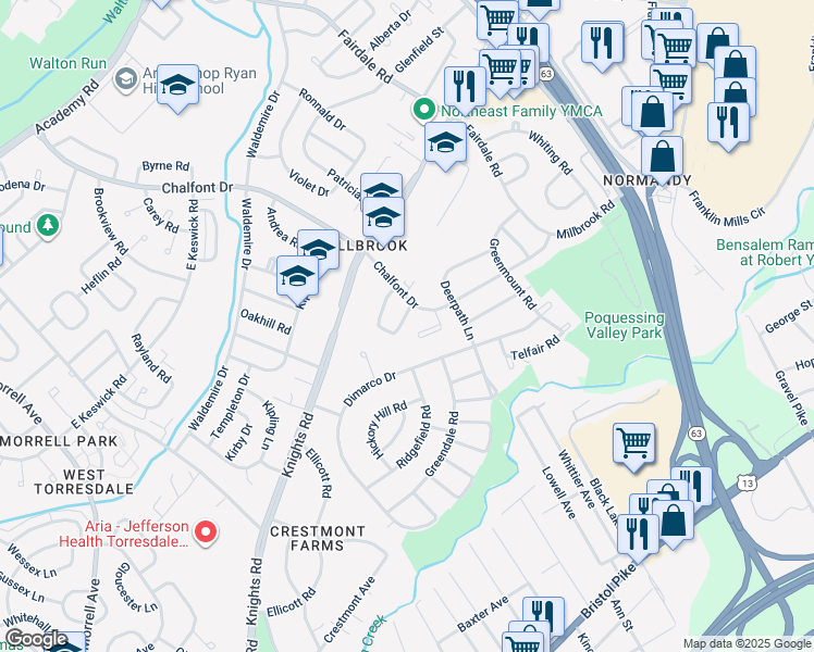 map of restaurants, bars, coffee shops, grocery stores, and more near 11139 Drake Drive in Philadelphia