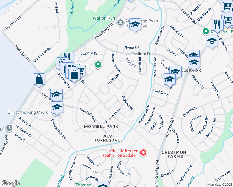 map of restaurants, bars, coffee shops, grocery stores, and more near 3555 Dows Road in Philadelphia
