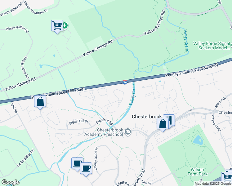 map of restaurants, bars, coffee shops, grocery stores, and more near 276 Valley Stream Lane in Chesterbrook