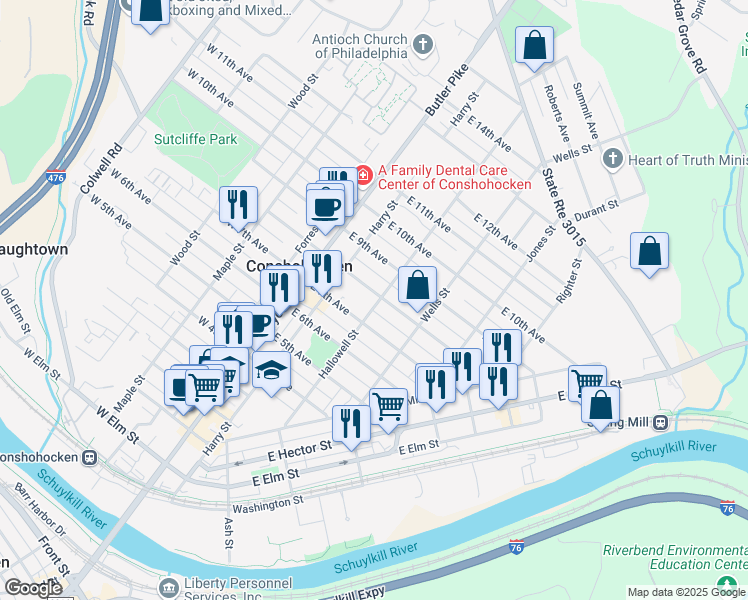 map of restaurants, bars, coffee shops, grocery stores, and more near 145 East 8th Avenue in Conshohocken