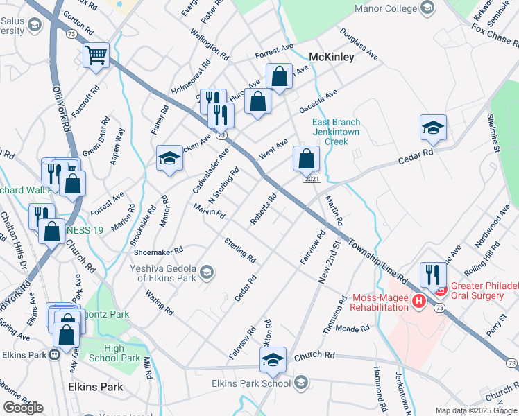 map of restaurants, bars, coffee shops, grocery stores, and more near 8326 Roberts Road in Elkins Park