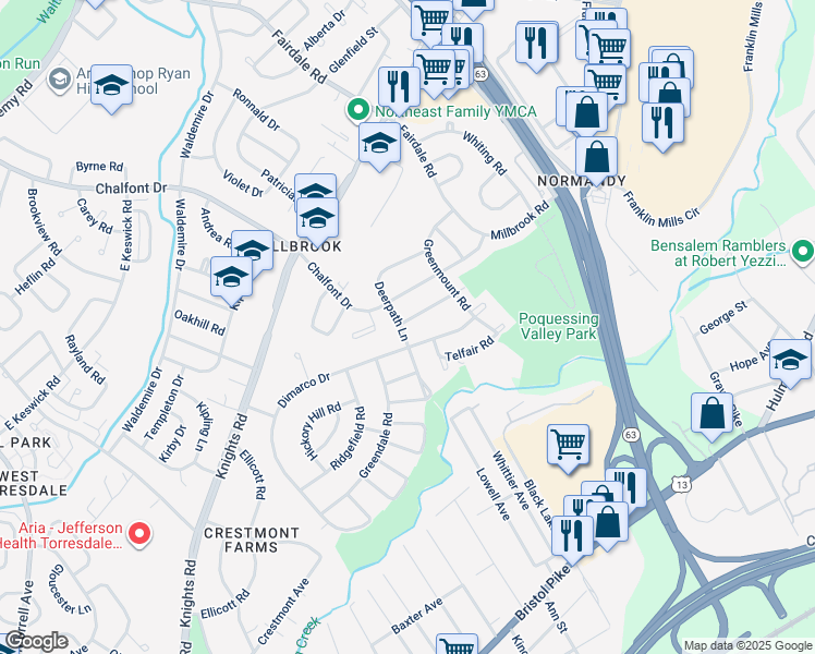 map of restaurants, bars, coffee shops, grocery stores, and more near 11703 Denman Road in Philadelphia