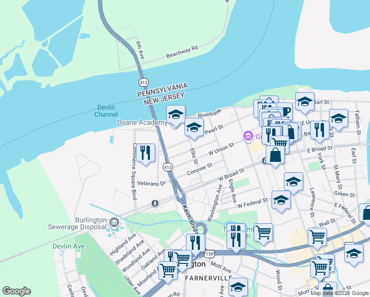 map of restaurants, bars, coffee shops, grocery stores, and more near 319 Brown Street in Burlington