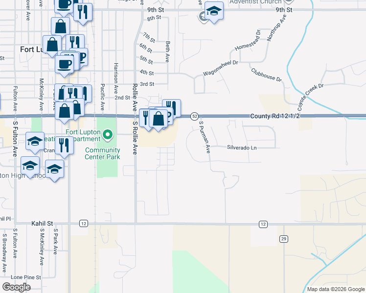 map of restaurants, bars, coffee shops, grocery stores, and more near 241 Corvette Circle in Fort Lupton