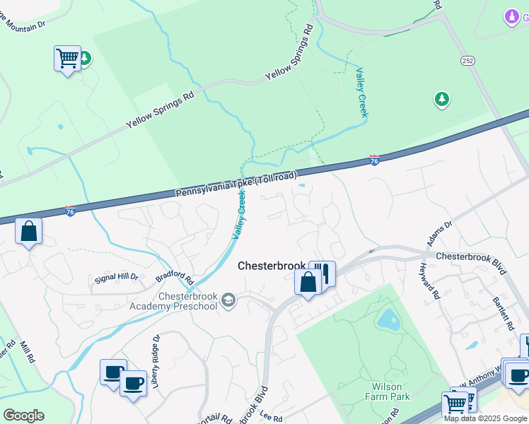 map of restaurants, bars, coffee shops, grocery stores, and more near 23 Algonquin Court in Chesterbrook