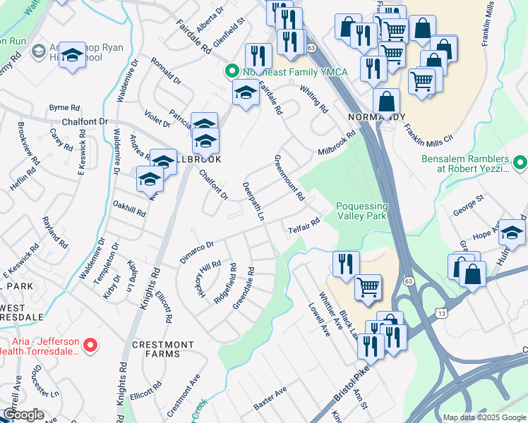 map of restaurants, bars, coffee shops, grocery stores, and more near 11703 Denman Road in Philadelphia