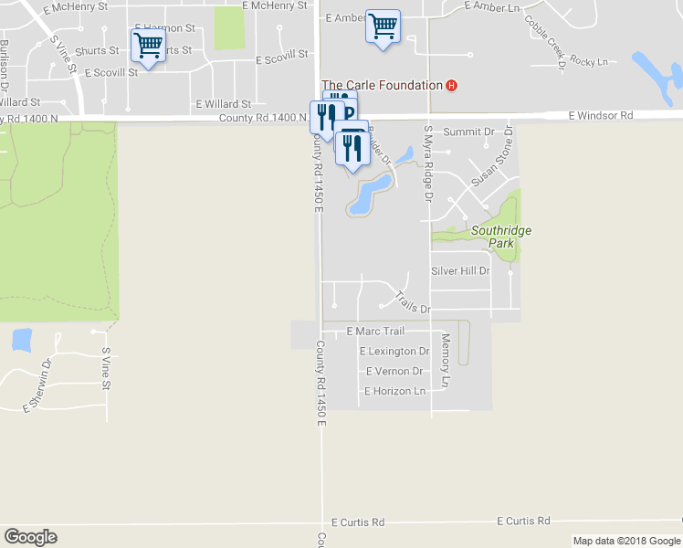 map of restaurants, bars, coffee shops, grocery stores, and more near 1506 Trails Drive in Urbana