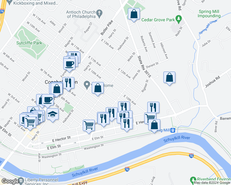 map of restaurants, bars, coffee shops, grocery stores, and more near 329 East 10th Avenue in Conshohocken