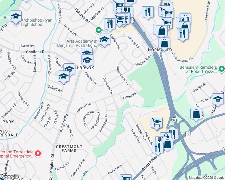 map of restaurants, bars, coffee shops, grocery stores, and more near 4375 Deerpath Lane in Philadelphia