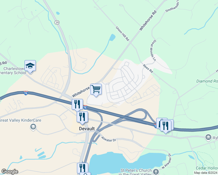 map of restaurants, bars, coffee shops, grocery stores, and more near 325 Quigley Drive in Malvern