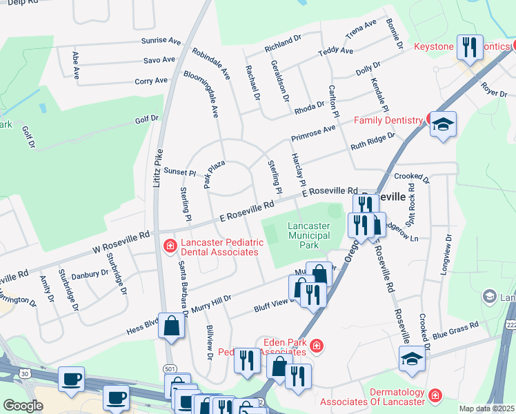 map of restaurants, bars, coffee shops, grocery stores, and more near 201 East Roseville Road in Lancaster