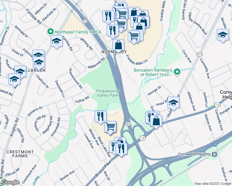 map of restaurants, bars, coffee shops, grocery stores, and more near 4471 Ernie Davis Circle in Philadelphia