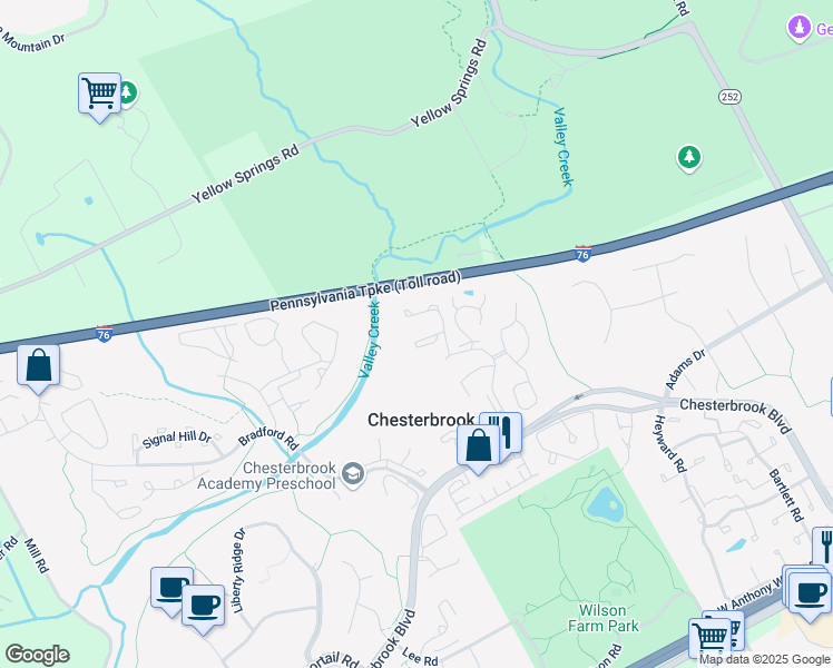 map of restaurants, bars, coffee shops, grocery stores, and more near 25 Algonquin Court in Chesterbrook
