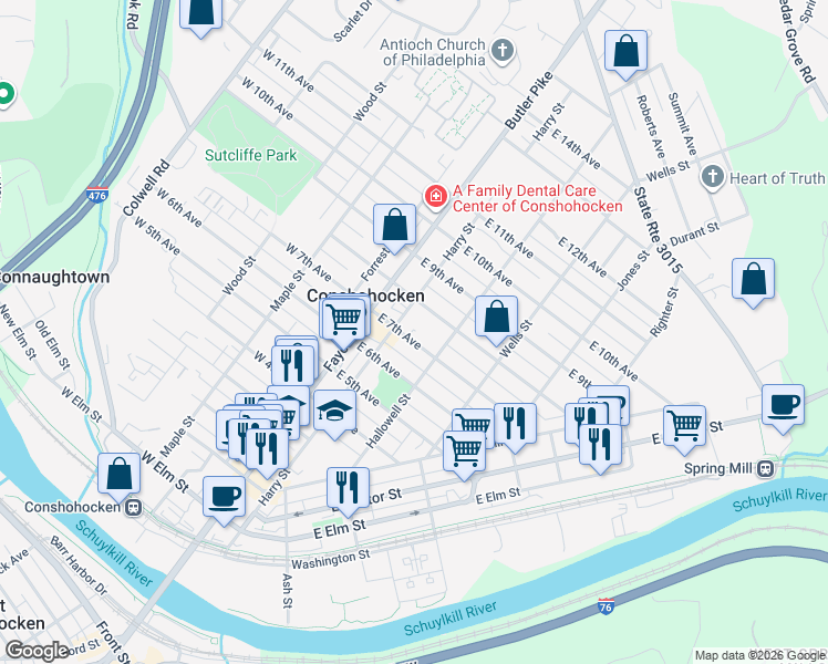 map of restaurants, bars, coffee shops, grocery stores, and more near 711 Harry Street in Conshohocken
