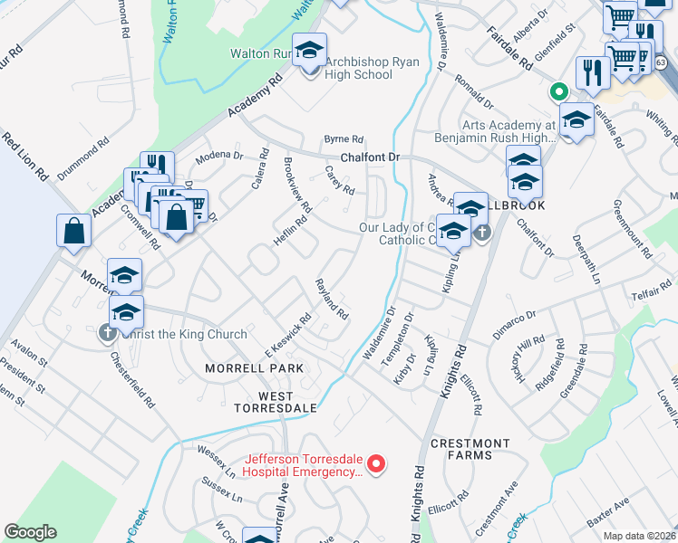 map of restaurants, bars, coffee shops, grocery stores, and more near 10836 East Keswick Road in Philadelphia