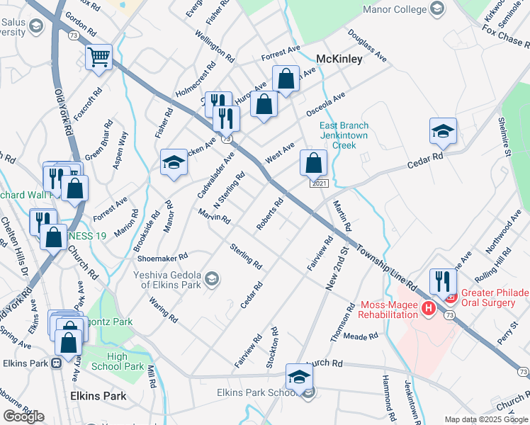 map of restaurants, bars, coffee shops, grocery stores, and more near 8326 Roberts Road in Elkins Park