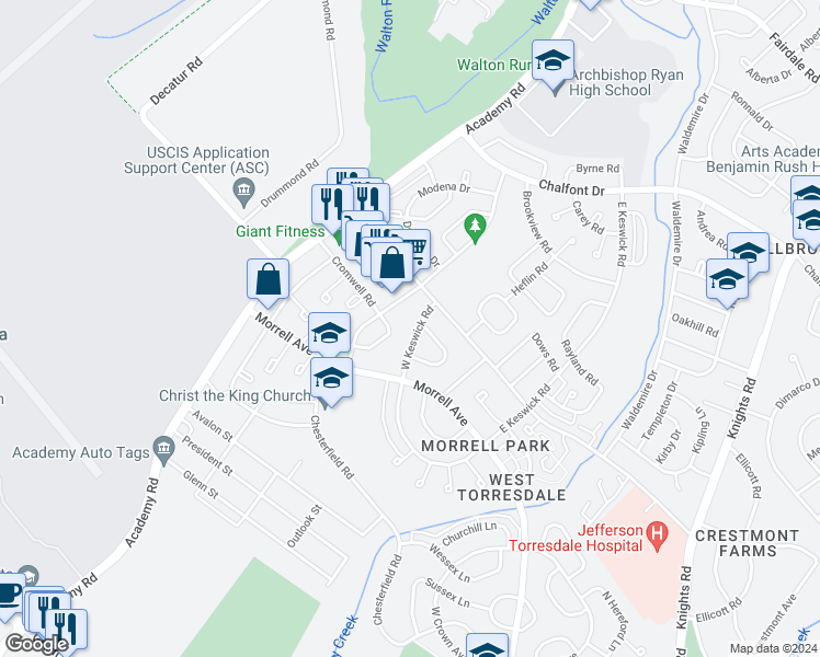 map of restaurants, bars, coffee shops, grocery stores, and more near 10226 West Keswick Road in Philadelphia