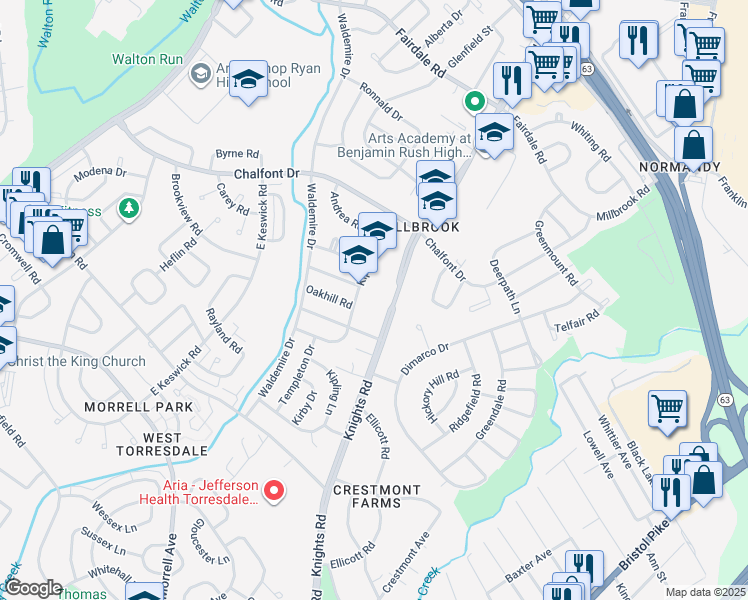 map of restaurants, bars, coffee shops, grocery stores, and more near 11016 Knights Road in Philadelphia