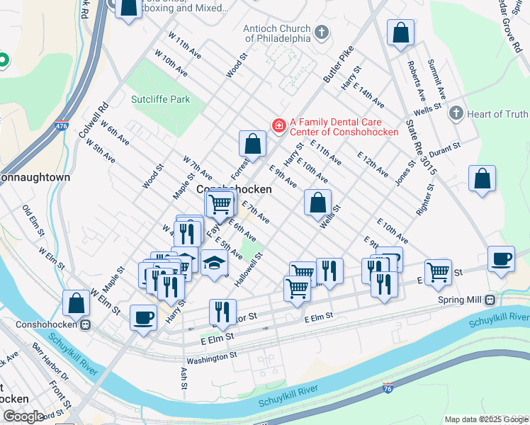 map of restaurants, bars, coffee shops, grocery stores, and more near 711 Harry Street in Conshohocken