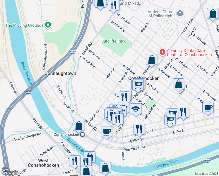 map of restaurants, bars, coffee shops, grocery stores, and more near 209 West 5th Avenue in Conshohocken