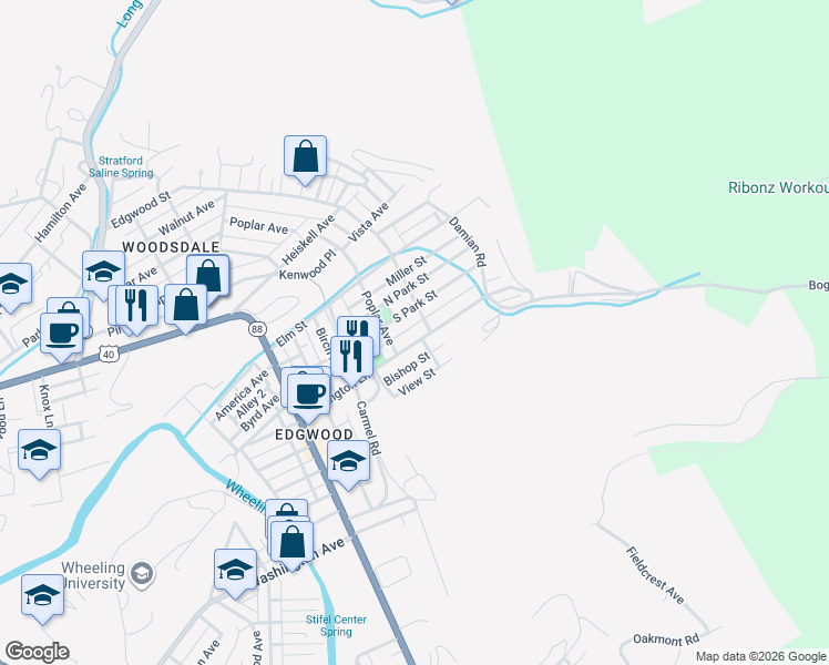map of restaurants, bars, coffee shops, grocery stores, and more near 127 South Park Street in Wheeling