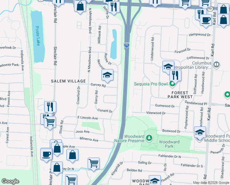 map of restaurants, bars, coffee shops, grocery stores, and more near 5475 Roche Drive in Columbus