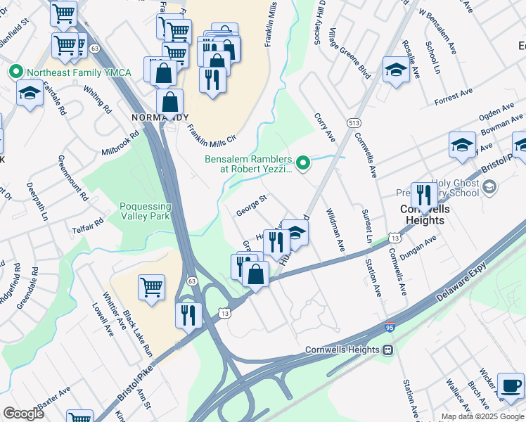 map of restaurants, bars, coffee shops, grocery stores, and more near 1155 Regina Avenue in Bensalem